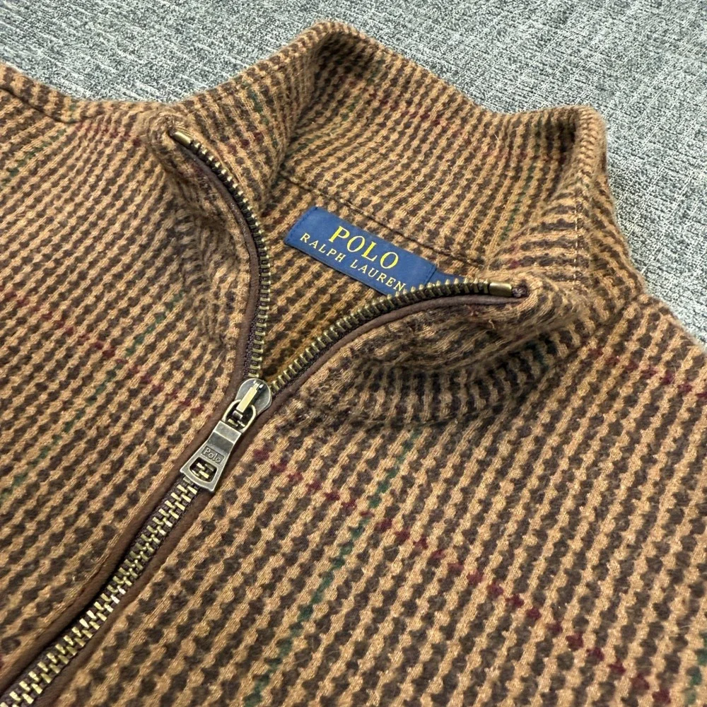 Polo Ralph Lauren Sweater Mens S Brown Houndstooth 1/4 Zip Cotton Pullover